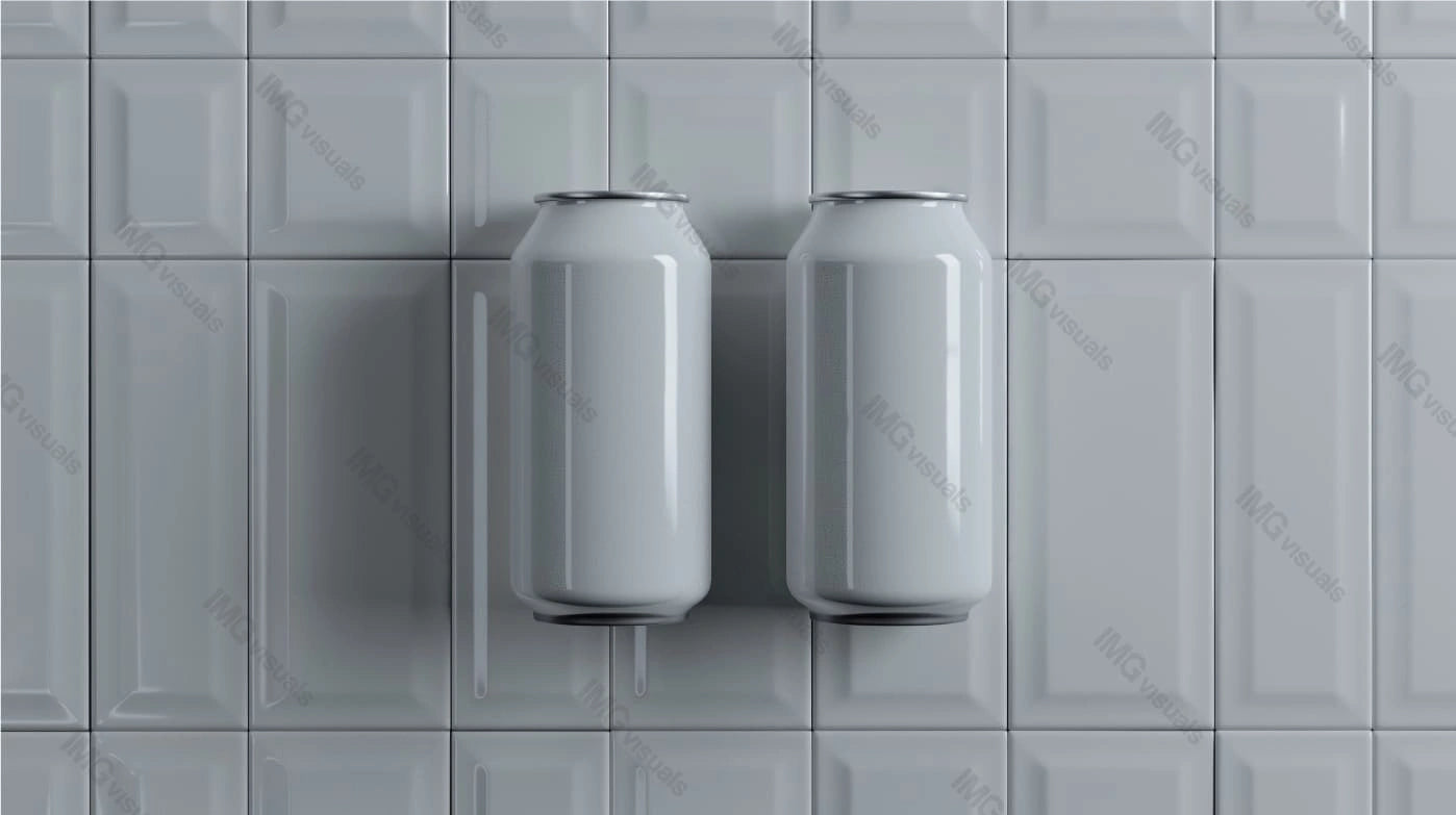 Two white aluminum cans mockup against glossy white tiled background, ai generated. Clean and minimalistic visual. Canned drink template advertising image. Carbonated beverages mock up photorealistic