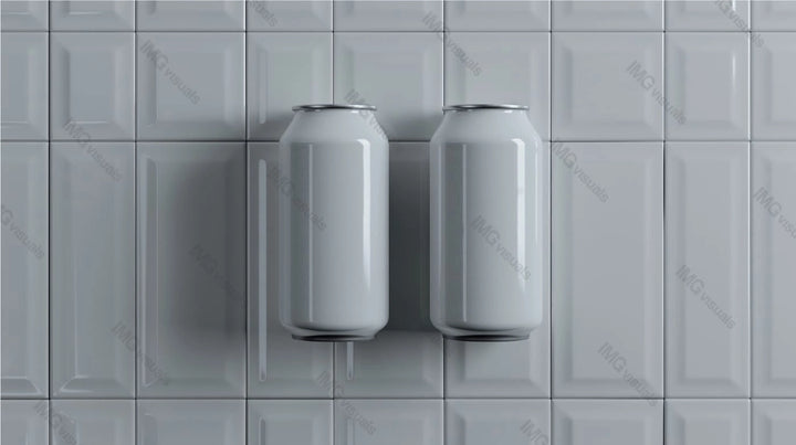 Two white aluminum cans mockup against glossy white tiled background, ai generated. Clean and minimalistic visual. Canned drink template advertising image. Carbonated beverages mock up photorealistic