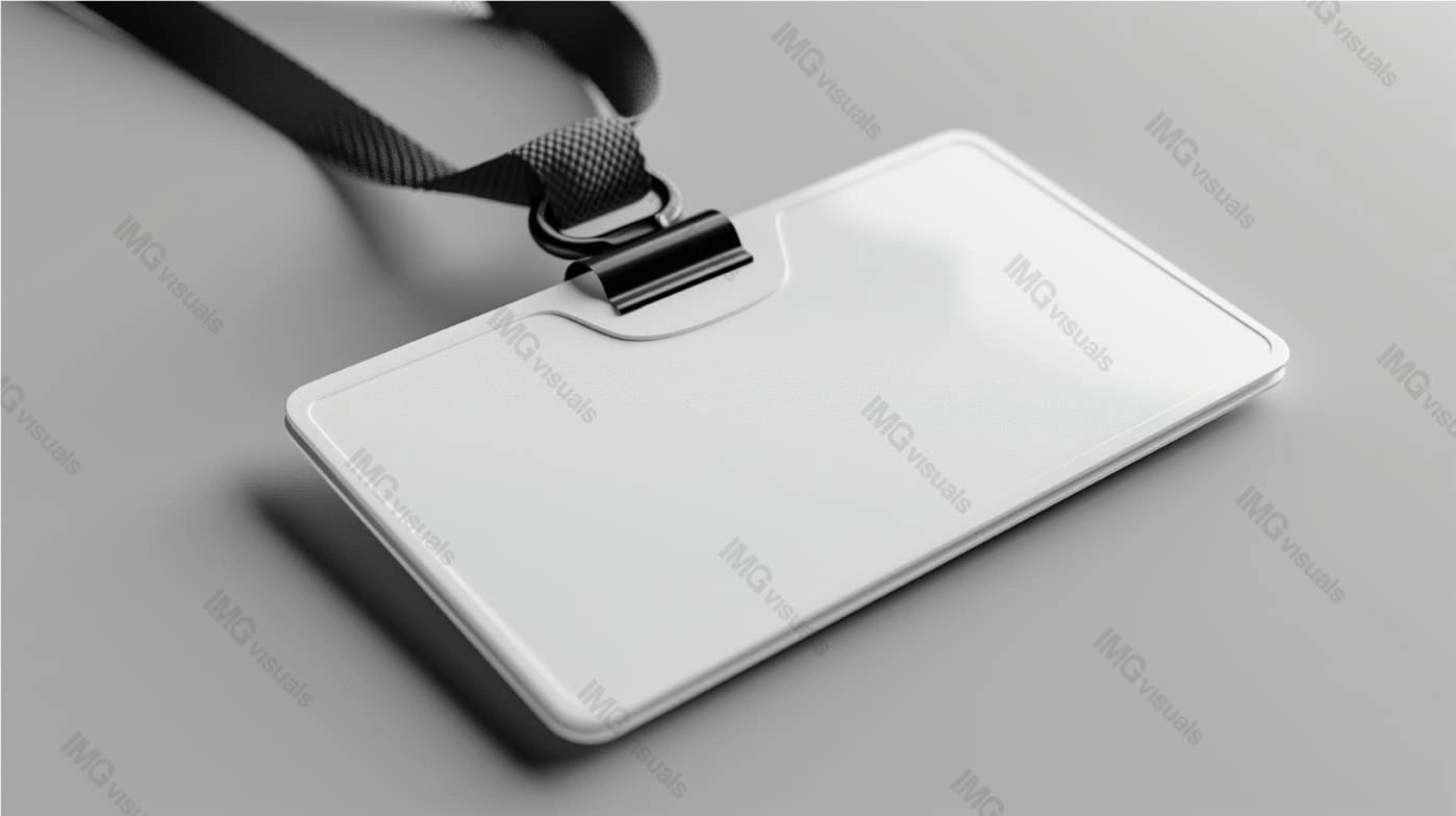 Blank white ID badge mockup with black lanyard, ai generated. For conferences, workplaces. Plastic card template advertising image. Smooth light gray surface. Event pass mock up product photorealistic