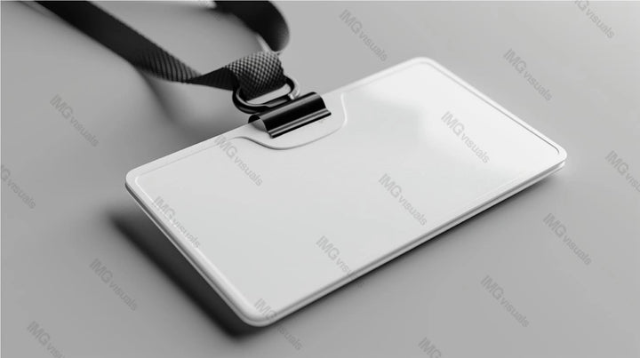 Blank white ID badge mockup with black lanyard, ai generated. For conferences, workplaces. Plastic card template advertising image. Smooth light gray surface. Event pass mock up product photorealistic