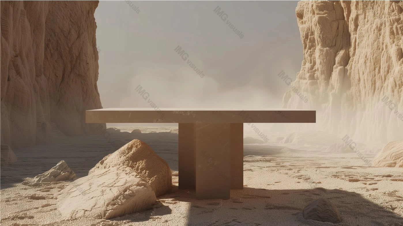 Sturdy rectangular table pedestal podium mockup in rocky desert environment, ai generated. Rocks rugged texture, sleek surface. Empty showcase background. Branding presentation product display design