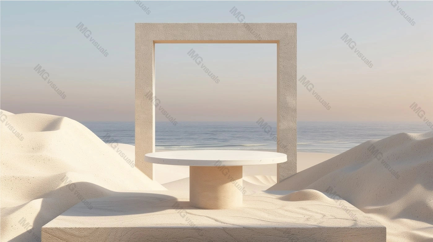 Round table framed by large square structure on sandy dunes by ocean, ai generated. Tranquil and balanced aesthetic. Empty showcase background. Branding presentation product display design