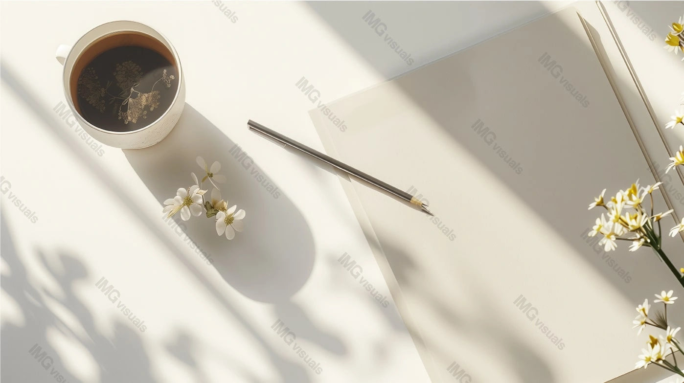 A4 papers mockup with herbal tea, pencil and delicate white flowers, ai generated. Flat lay of workspace with blank sheet template advertising image. Soft shadows, inspiring mock up photorealistic