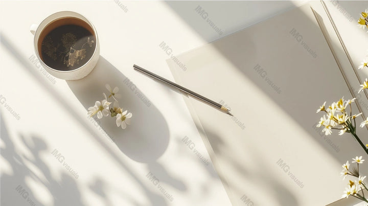 A4 papers mockup with herbal tea, pencil and delicate white flowers, ai generated. Flat lay of workspace with blank sheet template advertising image. Soft shadows, inspiring mock up photorealistic