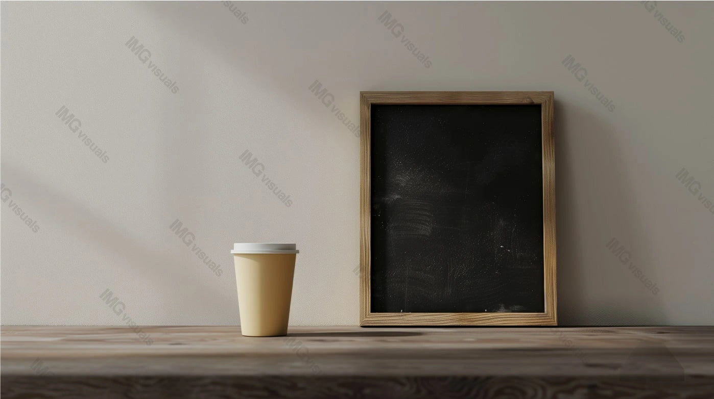 Takeaway coffee cup mockup on wooden surface next to blank blackboard, ai generated. Coffeecup template advertising image. Simple composition. Takeout disposable mock up product photorealistic