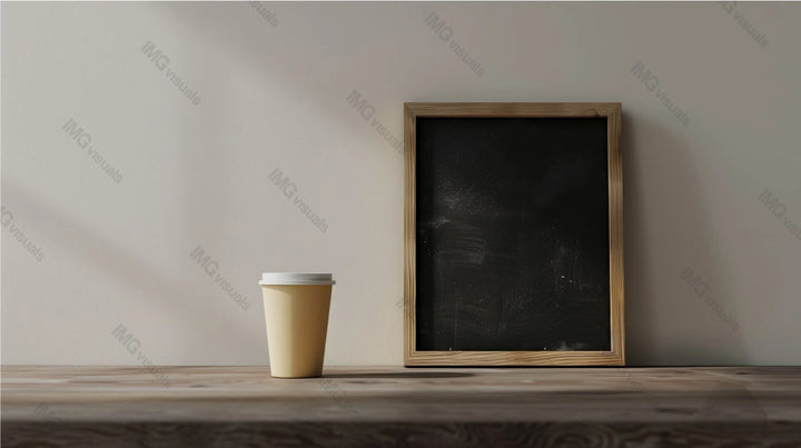Takeaway coffee cup mockup on wooden surface next to blank blackboard, ai generated. Coffeecup template advertising image. Simple composition. Takeout disposable mock up product photorealistic