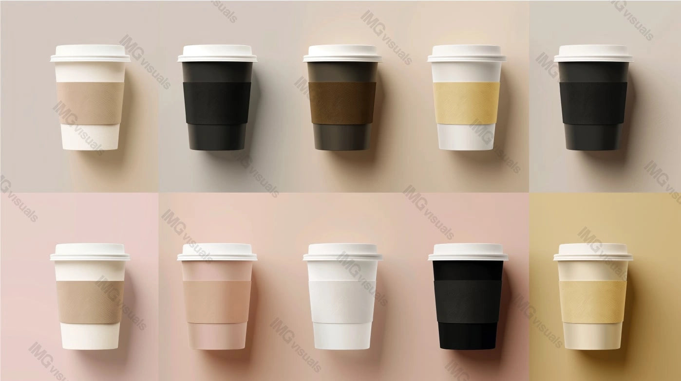 Ten coffee cups mockup with different colored sleeves arranged in two rows, ai generated. Coffeecups template advertising image. Contemporary aesthetic. Takeaway beverages mock up products realistic