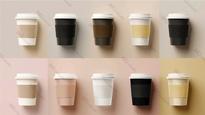 Ten coffee cups mockup with different colored sleeves arranged in two rows, ai generated. Coffeecups template advertising image. Contemporary aesthetic. Takeaway beverages mock up products realistic
