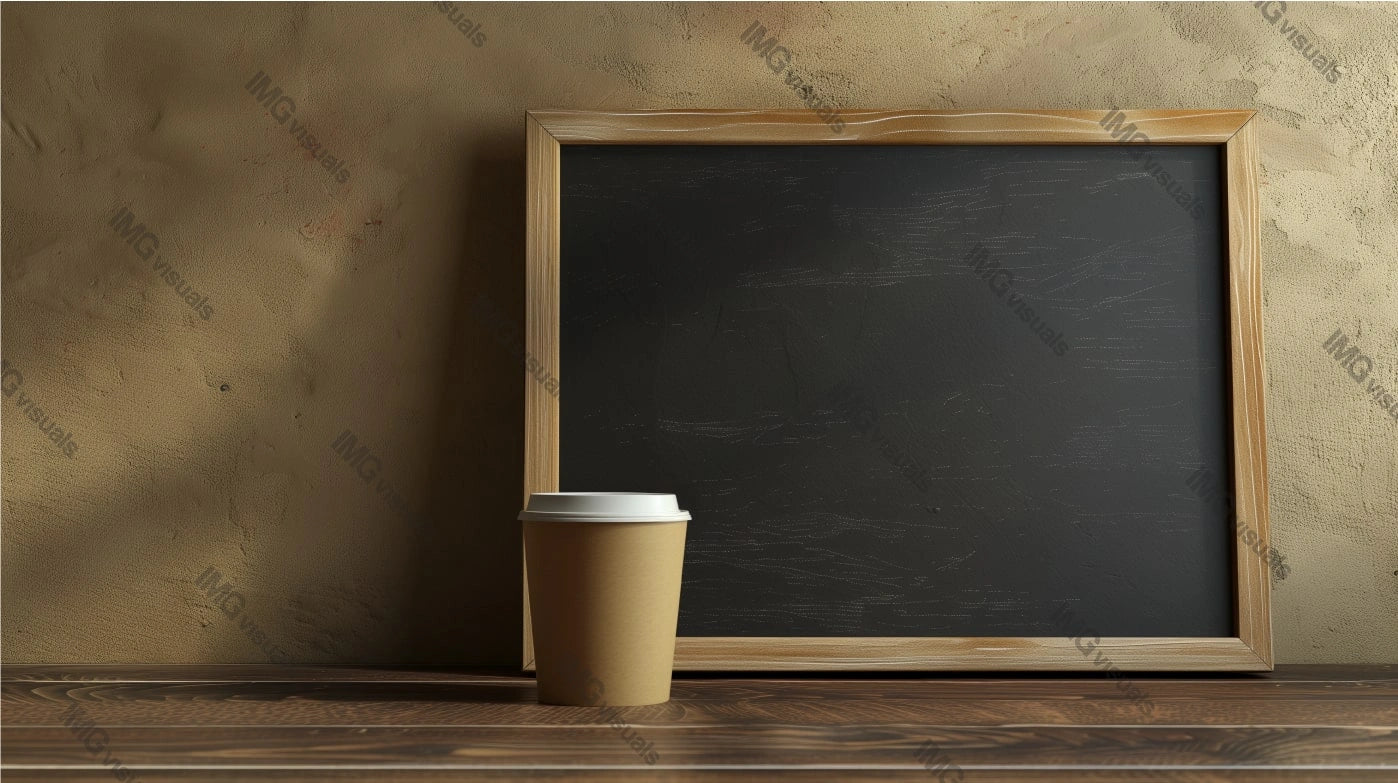 To go coffee cup mockup on wooden surface near empty blackboard, ai generated. Coffeecup template advertising image. Cozy, vintage feel. Takeout disposable mock up product photorealistic