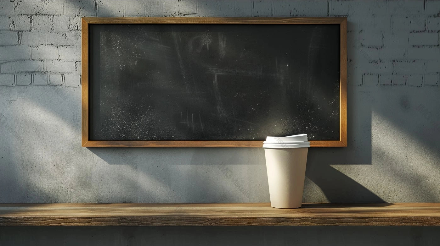 Takeaway coffee cup mockup on wooden shelf with blackboard sign above, ai generated. Sunlight shadows. Coffeecup template advertising image. Takeout disposable mock up product photorealistic