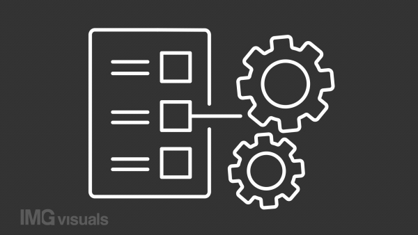 Idea development white animation. Check list with rotating gears line animated icon. Design thinking. Task management. Isolated illustration on dark background. Transition alpha video. Motion graphic