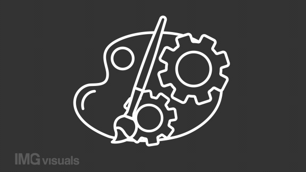 Creative process white animation. Artist palette with rotating gears line animated icon. Art brush drawing. New idea. Isolated illustration on dark background. Transition alpha video. Motion graphic