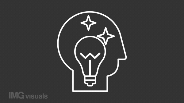 Innovative thinking white animation. Light bulb inside human head line animated icon. Idea generation. Creative mind. Isolated illustration on dark background. Transition alpha video. Motion graphic