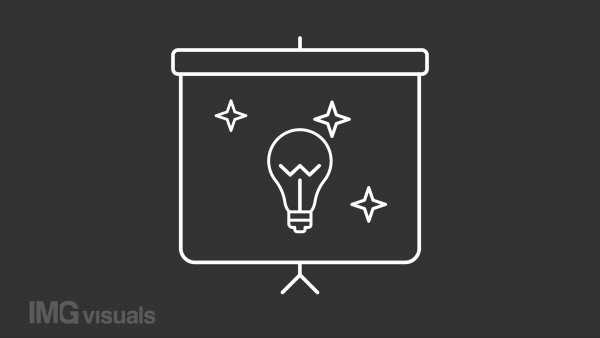 Idea presentation white animation. Light bulb on board line animated icon. Product development. Public speaking. Isolated illustration on dark background. Transition alpha video. Motion graphic