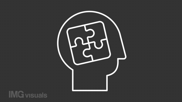 Elaboration white animated icon. Rotating puzzle in human head line animation. Strategic thinking. Problem solving. Isolated illustration on dark background. Transition alpha video. Motion graphic