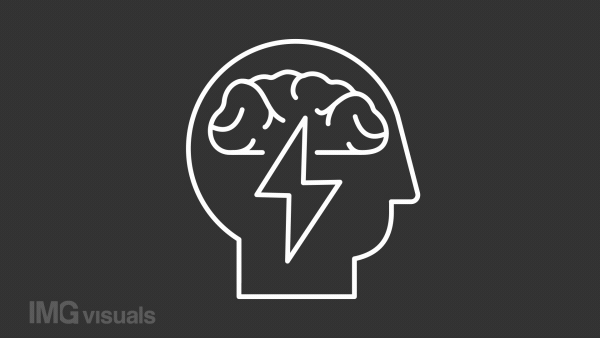 Brainstorming white line animation. Lightning flash inside human head with brain animated icon. Idea generation. Isolated illustration on dark background. Transition alpha video. Motion graphic