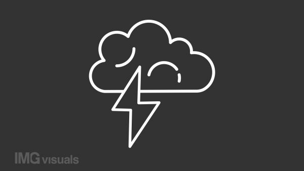 Storm cloud white animated icon. Lightning flash line animation. Weather forecast. Rain season. Climate change. Isolated illustration on dark background. Transition alpha video. Motion graphic