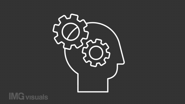 Implementation white line animation. Rotating gears inside human head animated icon. Project management. Action plan. Isolated illustration on dark background. Transition alpha video. Motion graphic