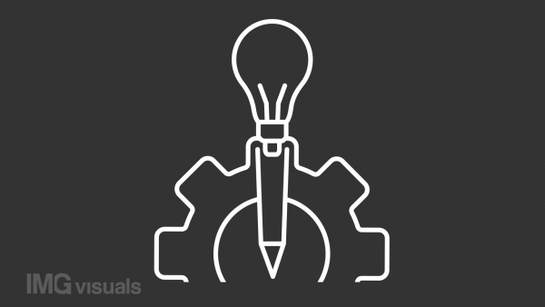 Creative experiment white animation. Pencil with light bulb line animated icon. Rotating gear. Innovative technology. Isolated illustration on dark background. Transition alpha video. Motion graphic
