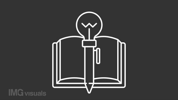 Creative writing white animation. Writing text in book line animated icon. Pen with lightbulb. Imagination inspiration. Isolated illustration on dark background. Transition alpha video. Motion graphic