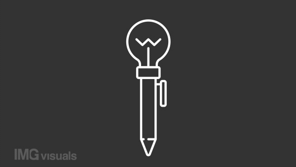 Pen with bulb white animated icon. Writing down line animation. Light up. Creative process. Artistic expression. Isolated illustration on dark background. Transition alpha video. Motion graphic