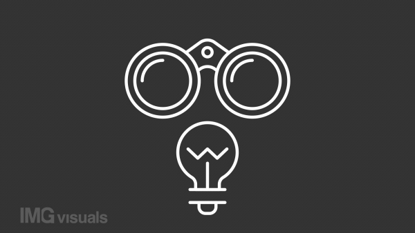 Creative vision white line animation. Binocular and lightbulb animated icon. Change focus. Light up. Idea generation. Isolated illustration on dark background. Transition alpha video. Motion graphic