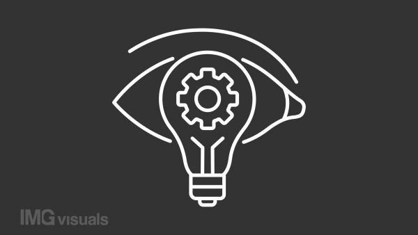 New perspective white line animation. Eye with light bulb animated icon. Gear rotating. Fresh look. Creative vision. Isolated illustration on dark background. Transition alpha video. Motion graphic