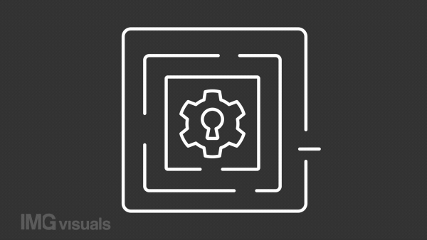 Take on challenges white animation. Cog wheel with keyhole line animated icon. Go through maze. Overcoming obstacles. Isolated illustration on dark background. Transition alpha video. Motion graphic