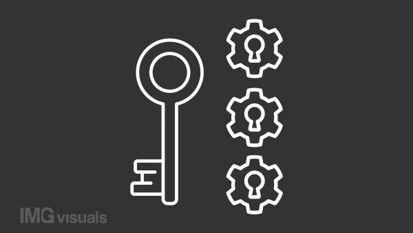 Break down problem white animation. Key putting inside three locks line animated icon. Lock opening. Decision making. Isolated illustration on dark background. Transition alpha video. Motion graphic