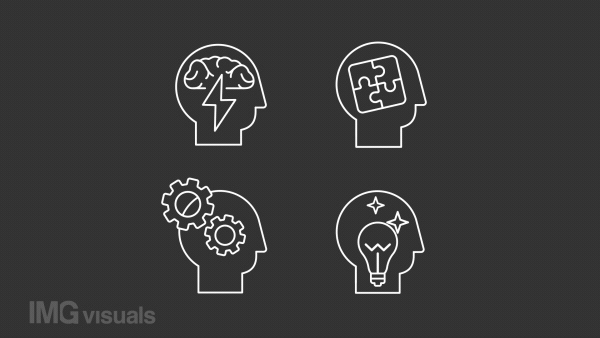 Think different animation library. Human heads animated white line icons. Creative profession. Change management. Isolated illustrations on dark background. Transition alpha. HD video. Icon pack