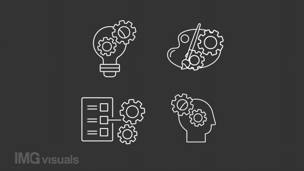 Branding agency animation library. Creative business animated white line icons. Innovation management. Design thinking. Isolated illustrations on dark background. Transition alpha. HD video. Icon pack