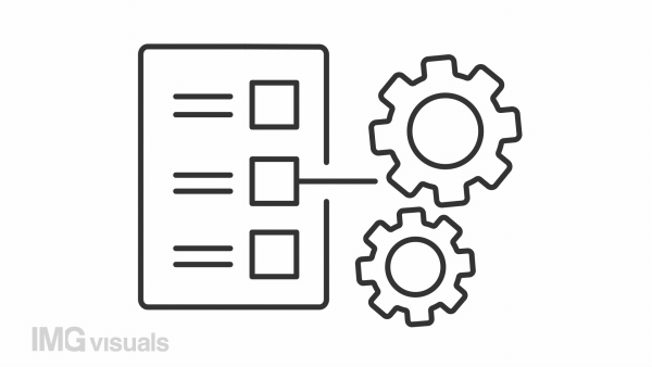Idea development line animation. Check list with rotating gears animated icon. Design thinking. Task management. Black illustration on white background. HD video with alpha channel. Motion graphic