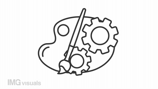 Creative process line animation. Artist palette with rotating gears animated icon. Art brush drawing. New idea. Black illustration on white background. HD video with alpha channel. Motion graphic
