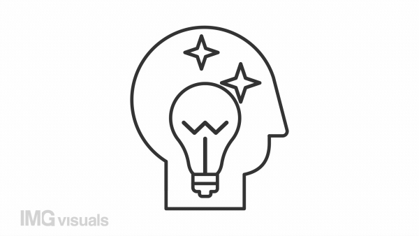Innovative thinking line animation. Light bulb inside human head animated icon. Idea generation. Creative mind. Black illustration on white background. HD video with alpha channel. Motion graphic