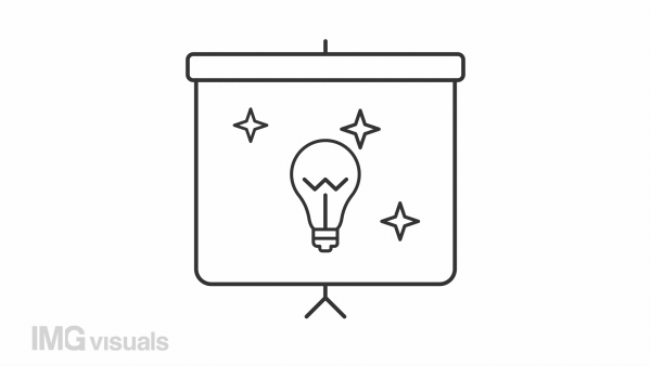 Idea presentation line animation. Light bulb on board animated icon. Product development. Public speaking. Black illustration on white background. HD video with alpha channel. Motion graphic