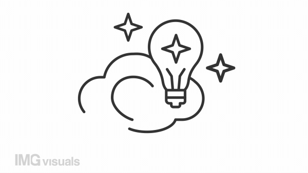 Inspiration line animation. Rainbow going through cloud animated icon. Light bulb levitating. Creative idea. Black illustration on white background. HD video with alpha channel. Motion graphic