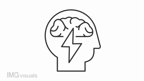 Brainstorming line animation. Lightning flash inside human head with brain animated icon. Idea generation. Black illustration on white background. HD video with alpha channel. Motion graphic