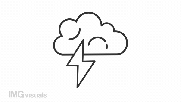 Storm cloud animated icon. Lightning flash line animation. Weather forecast. Rain season. Climate change. Black illustration on white background. HD video with alpha channel. Motion graphic