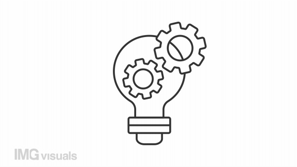 Idea generation line animation. Light bulb with rotating gears inside animated icon. Product development. Black illustration on white background. HD video with alpha channel. Motion graphic