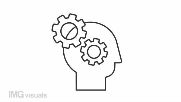 Implementation line animation. Rotating gears inside human head animated icon. Project management. Action plan. Black illustration on white background. HD video with alpha channel. Motion graphic