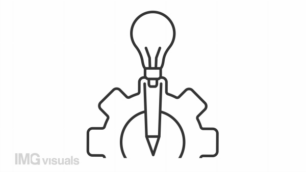 Creative experiment line animation. Pencil with light bulb animated icon. Rotating gear. Innovative technology. Black illustration on white background. HD video with alpha channel. Motion graphic