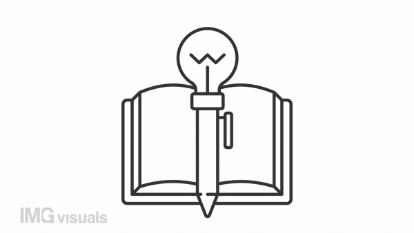 Creative writing line animation. Writing text in book animated icon. Pen with light bulb. Imagination inspiration. Black illustration on white background. HD video with alpha channel. Motion graphic