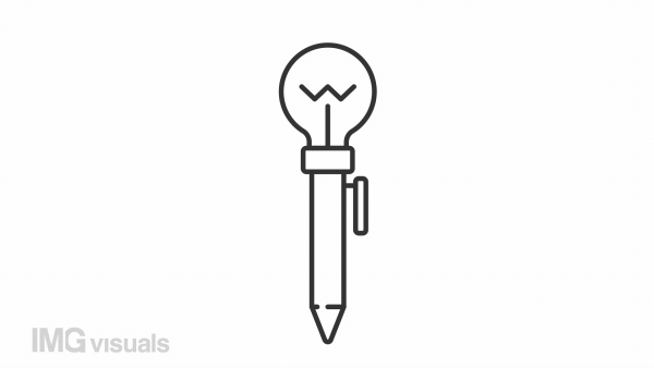 Pen with lightbulb animated icon. Writing down line animation. Light up. Creative process. Artistic expression. Black illustration on white background. HD video with alpha channel. Motion graphic