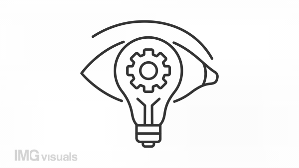 New perspective line animation. Eye with light bulb animated icon. Gear rotating. Fresh look. Creative vision. Black illustration on white background. HD video with alpha channel. Motion graphic