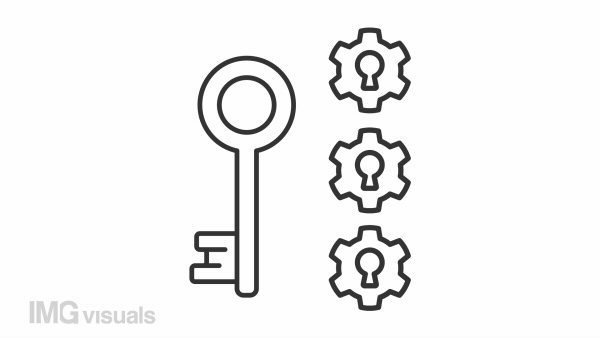 Break down problem line animation. Key putting inside three locks animated icon. Lock opening. Decision making. Black illustration on white background. HD video with alpha channel. Motion graphic