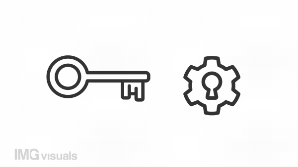 Solution line animation. Key putting inside lock and turning animated icon. Lock opening. Problem solving. Black illustration on white background. HD video with alpha channel. Motion graphic