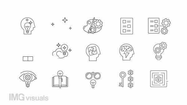 Creative thinking animation set. Idea generation animated line icons. Outside the box. Innovative solution. Black illustrations on white background. HD video with alpha channel. Motion graphic