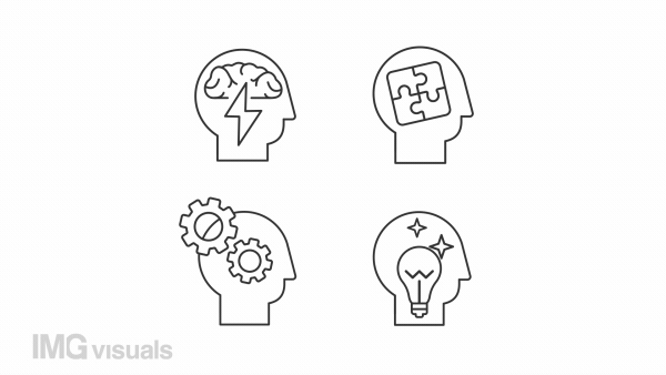Think different animation set. Human heads animated line icons. Creative profession. New way. Change management. Black illustrations on white background. HD video with alpha channel. Motion graphic