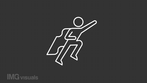 Animated superhero white line icon. Brave and powerful hero. Loop HD video with chroma key, alpha channel on transparent background, black solid background. Outline motion graphic animation