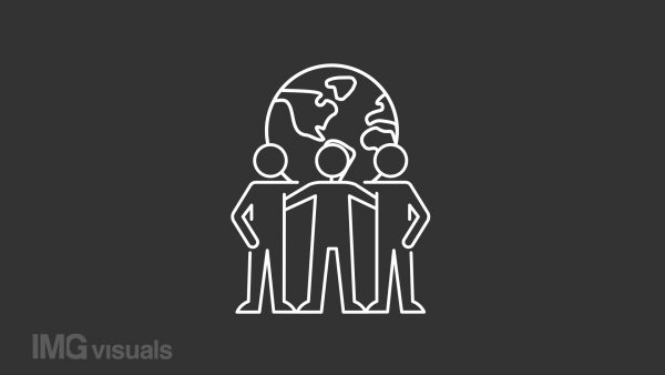 Animated world team white line icon. International alliance. Loop HD video with chroma key, alpha channel on transparent background, black solid background. Outline motion graphic animation